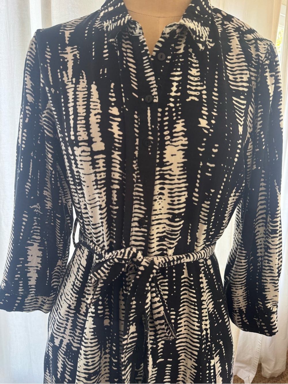 GOA Paris Black Cream Abstract Print Maxi Shirt Dress Belted Size T3/Medium